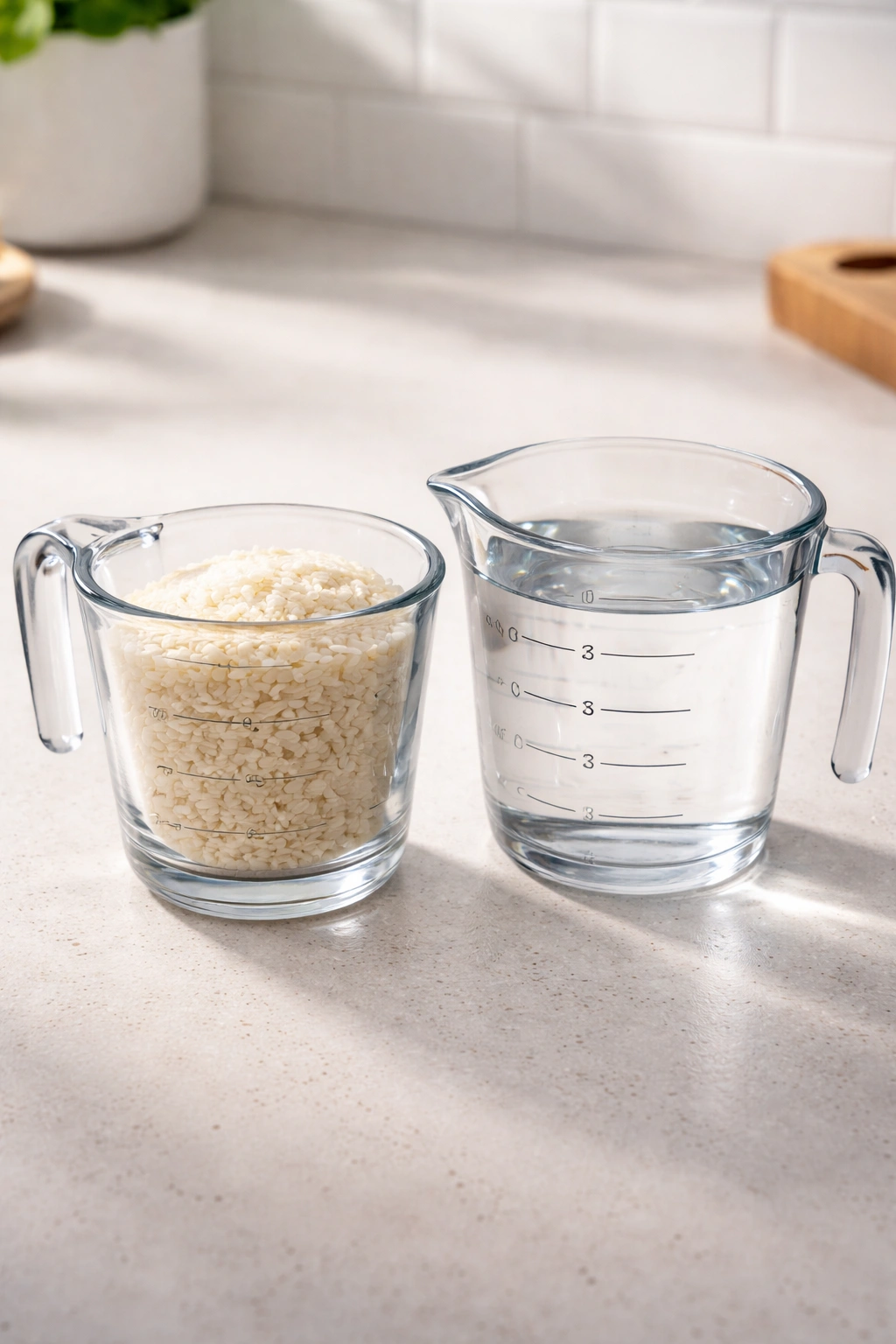 Measuring cups showing rice and water to illustrate water-to-rice ratio.