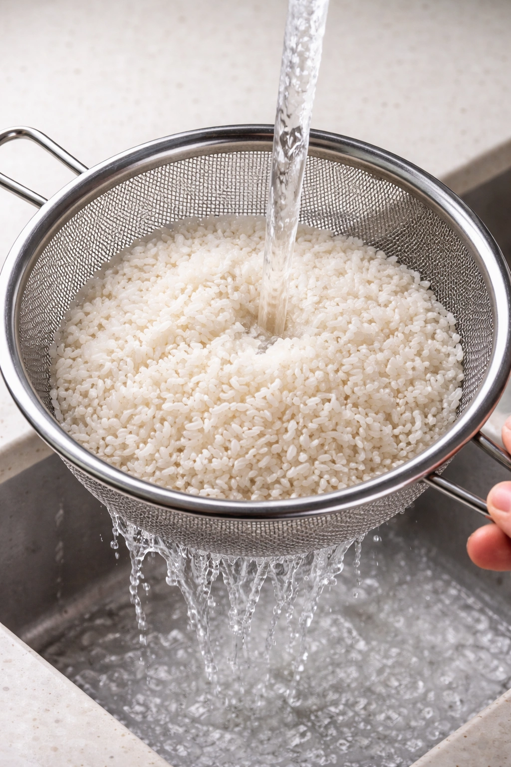 Rinsed rice in a fine-mesh strainer under running water.