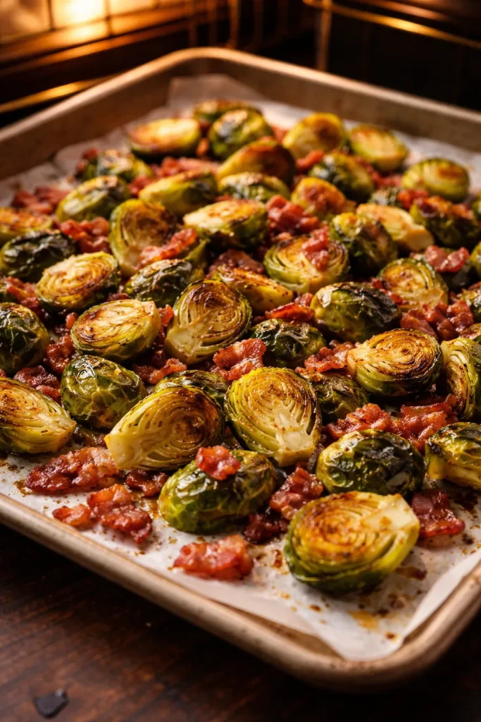 10 Thanksgiving Side Dishes Everyone Wants 7 Close-up of crispy roasted Brussels sprouts with bacon on a sheet pan