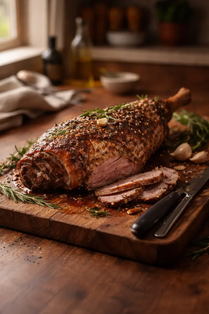 Whole roasted lamb leg on a cutting board ready to carve