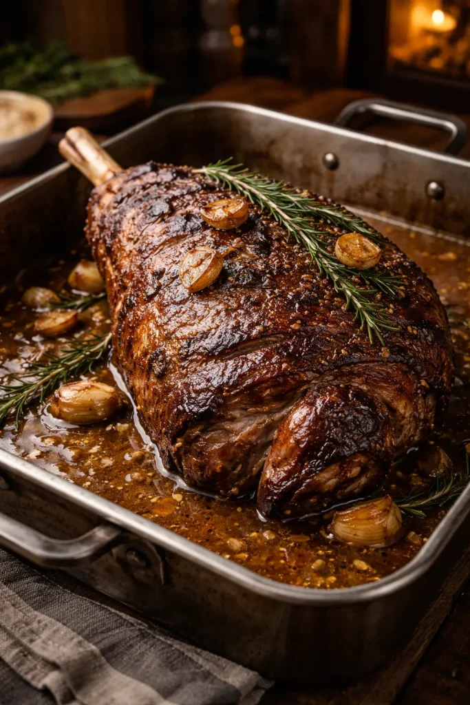 Close-up of roasted leg of lamb with rosemary and garlic, and pan gravy