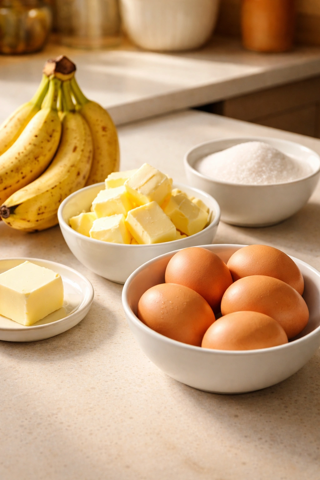 Eggs, bananas, and softened butter arranged on a counter at room temperature
