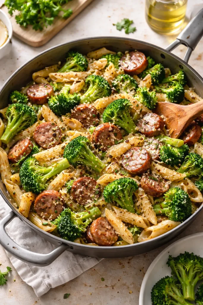 One-pan sausage, broccoli, and pasta dish in skillet