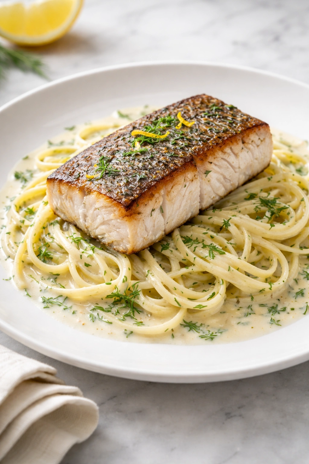 Seared sea bass fillet on delicate pasta strands with herb cream sauce.