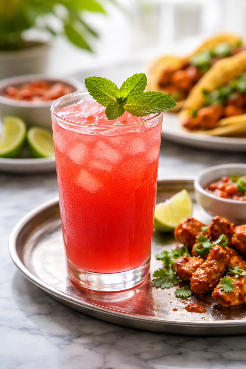 Glass tumbler with cold beverage on a tray with mint garnish