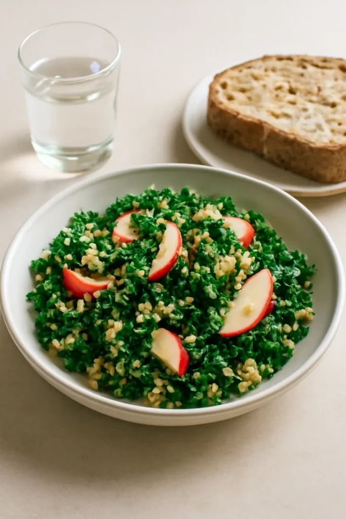 Plated kale apple quinoa salad with bread and water as serving pairings