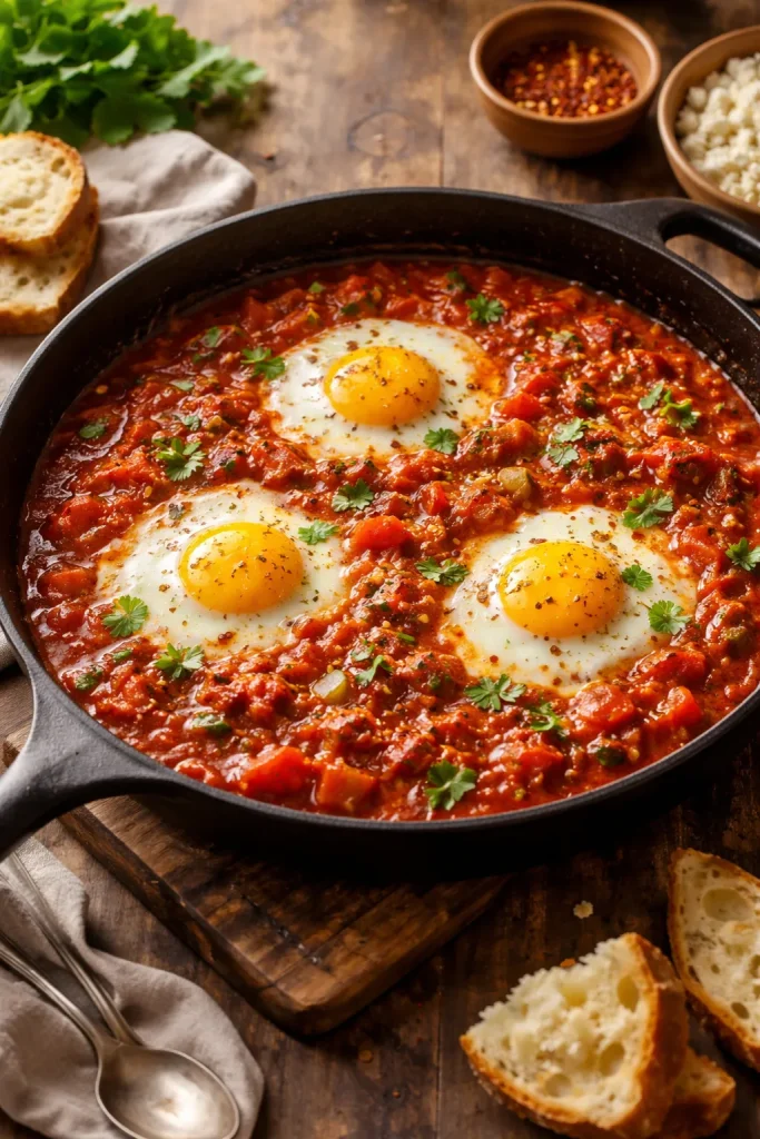 Shakshuka in a skillet with eggs poached in spiced tomato sauce