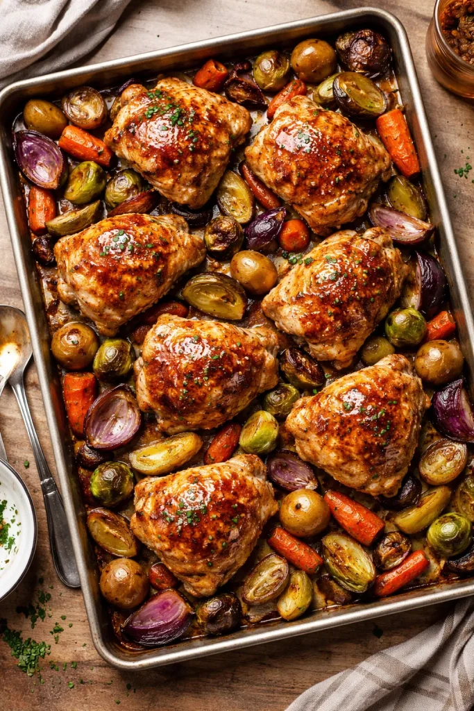 Sheet pan with honey mustard glazed chicken and roasted vegetables