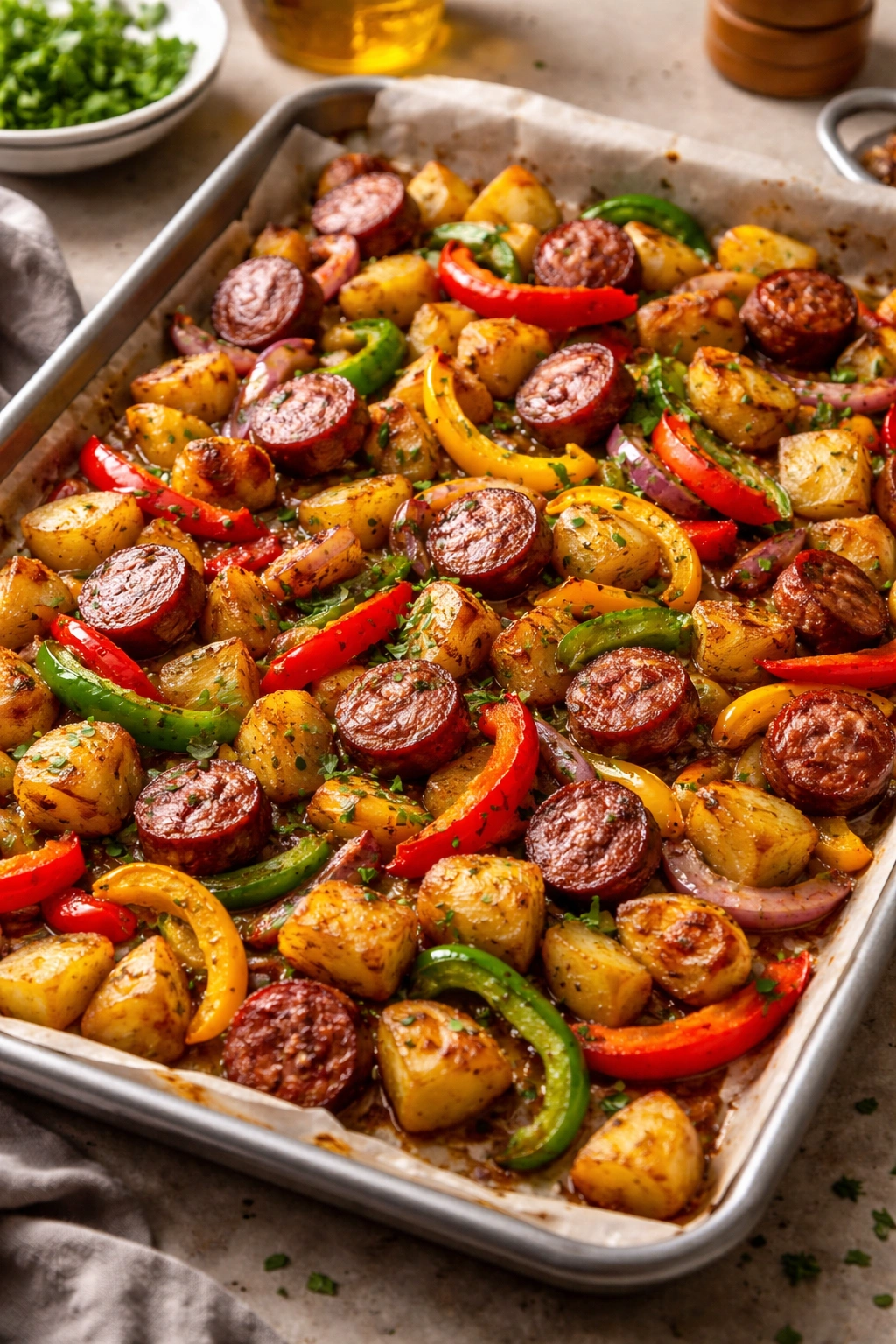 Sheet pan meal with potatoes, sausage, and peppers.