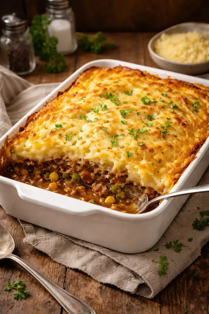 8 Freezer Meals to Cook Once and Eat Twice 7 Classic shepherd's pie in a baking dish with golden mashed potatoes