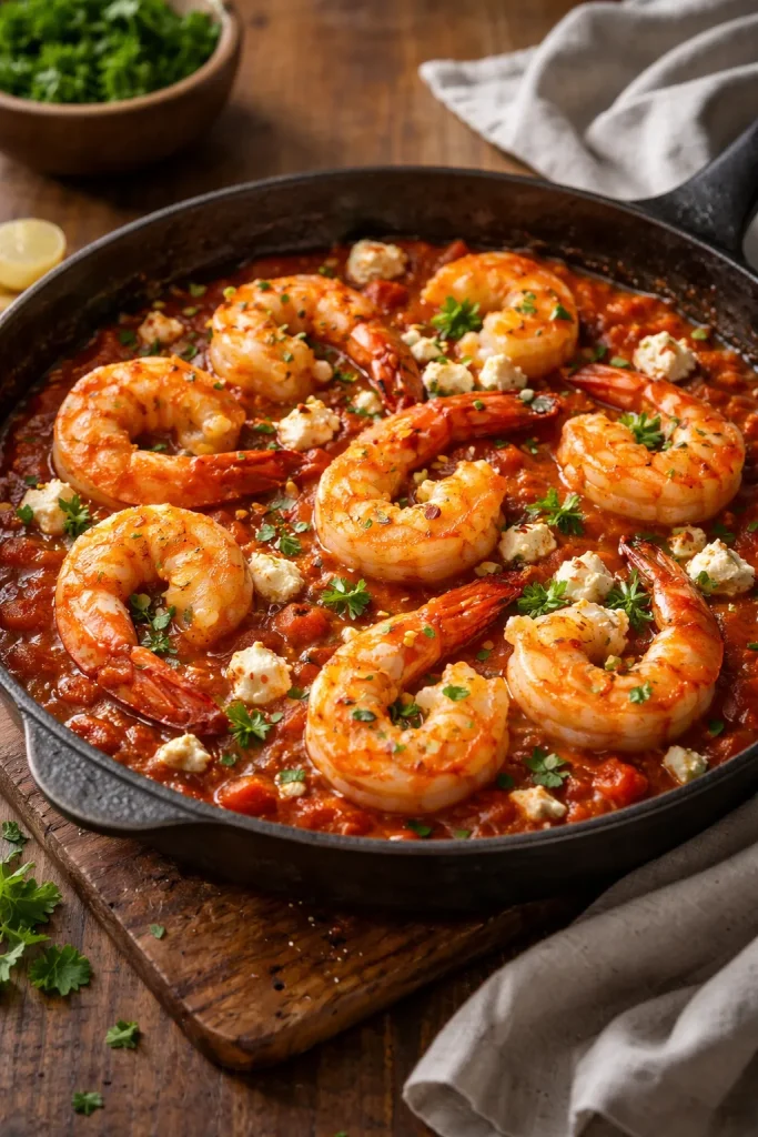 Shrimp in tomato sauce with feta crumbles in a skillet