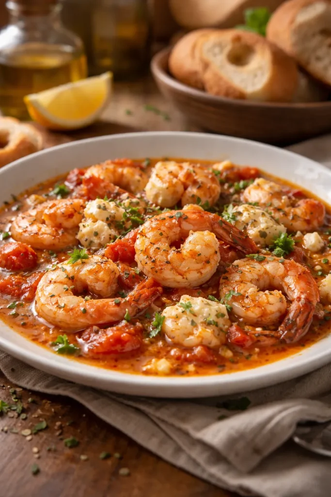 Plate of shrimp saganaki with feta in tomato sauce, presented on a warm kitchen counter