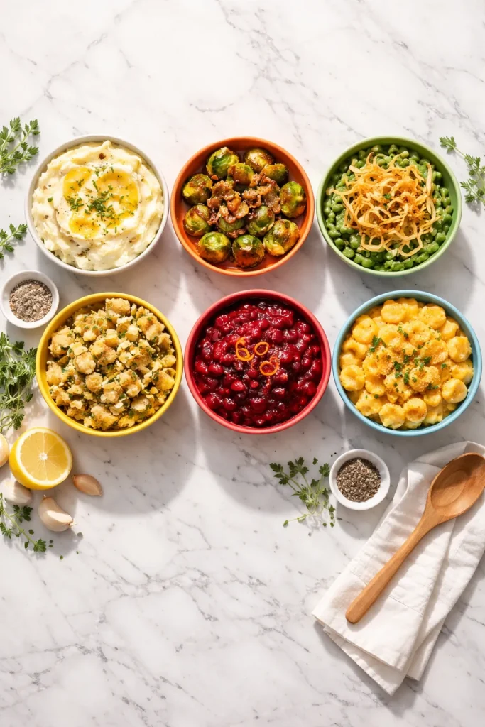 10 Thanksgiving Side Dishes Everyone Wants 11 Top-down view of a six-bowl side-dish lineup on a counter