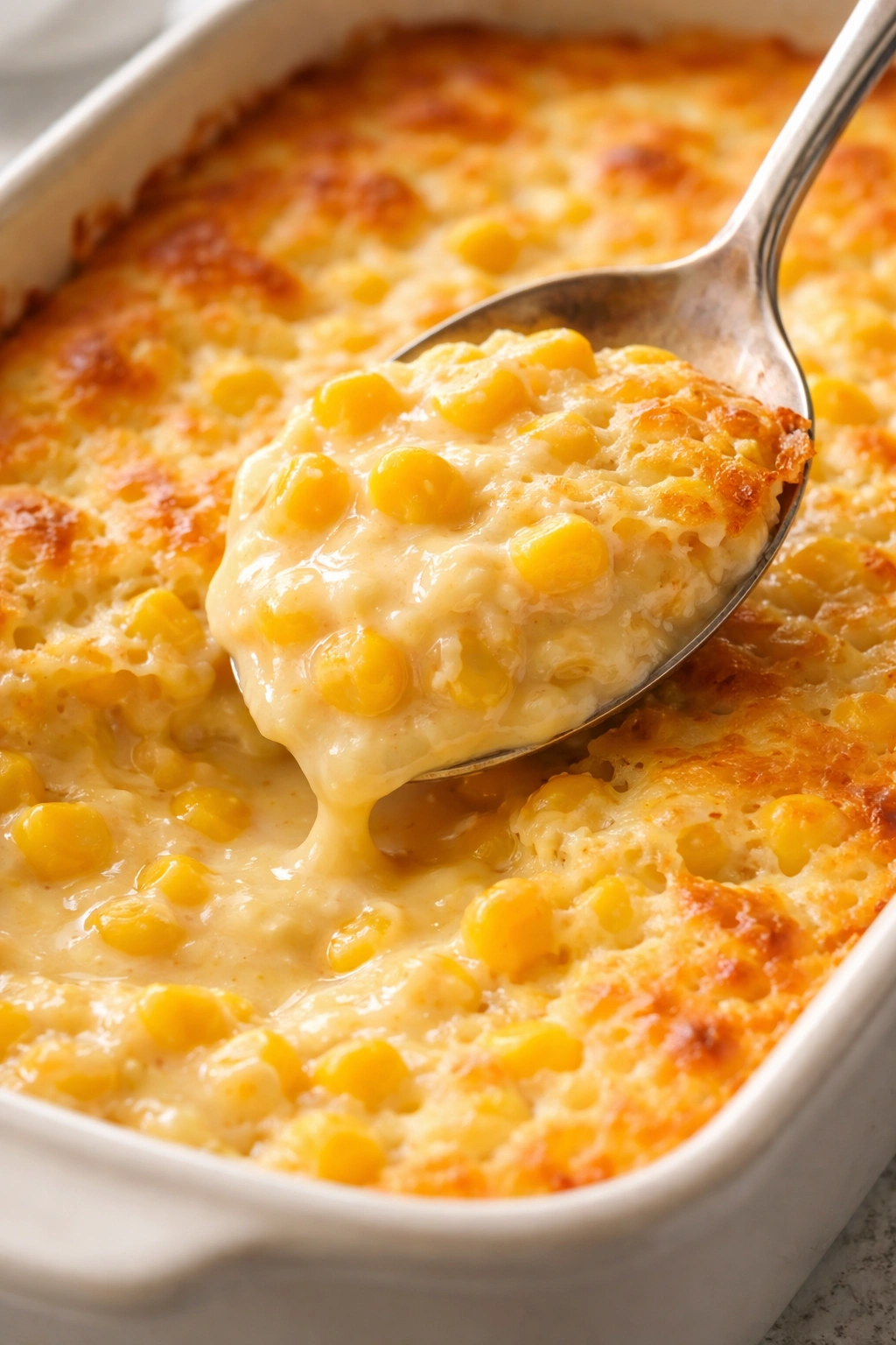 Glossy creamy corn custard being spooned showing silky texture