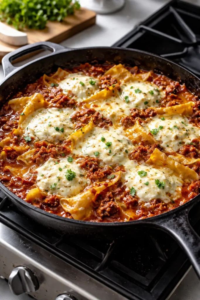 Skillet Lasagna with noodles, meat sauce, ricotta and mozzarella