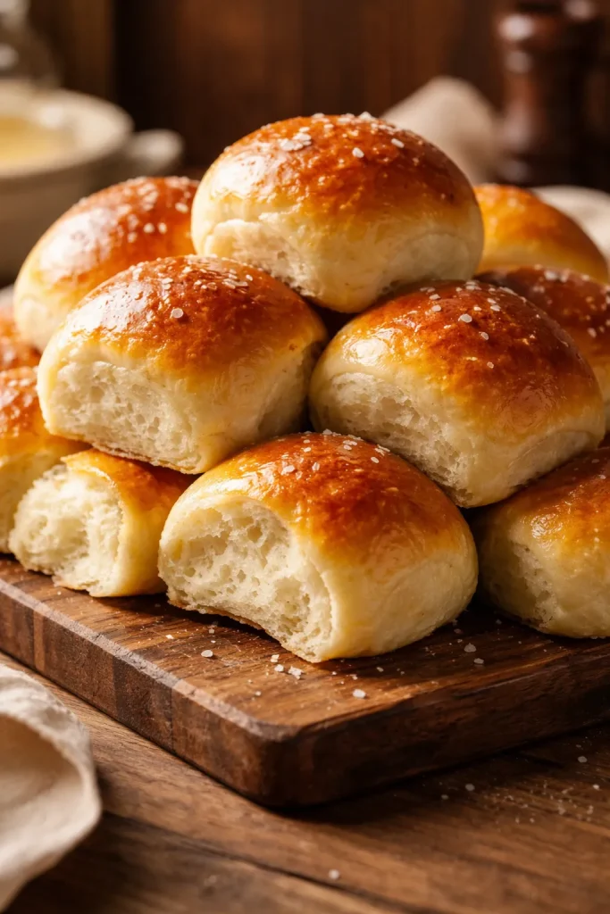 10 Thanksgiving Side Dishes Everyone Wants 6 Stack of soft buttery dinner rolls on a wooden board