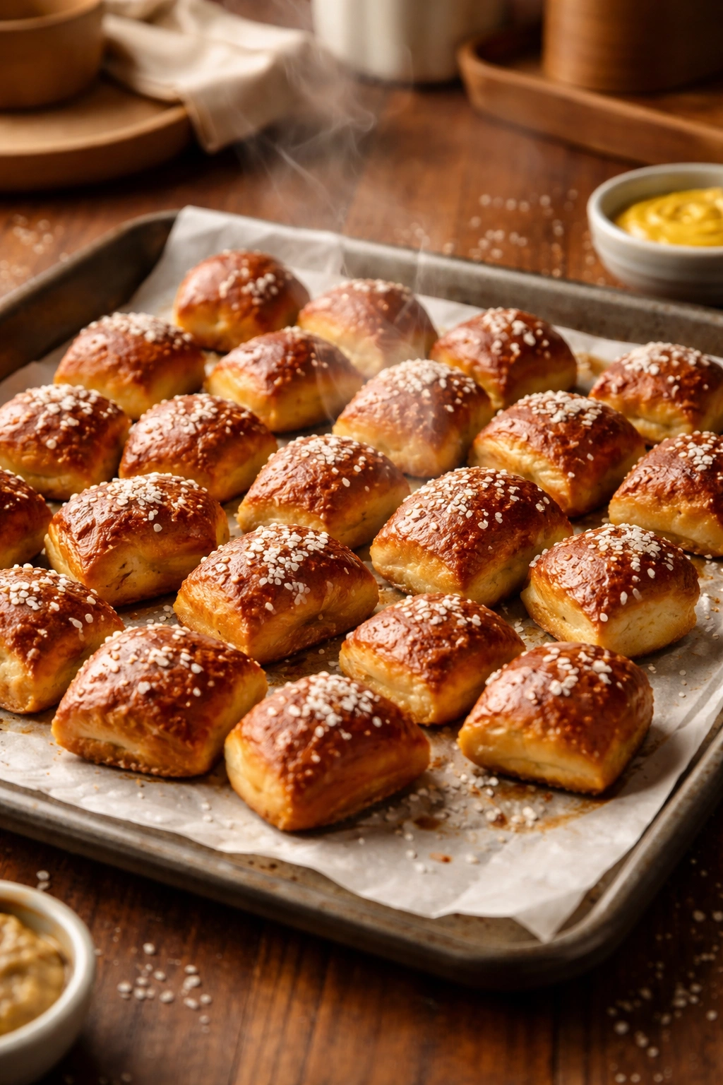 Close-up of soft pretzel bites on parchment with warm kitchen lighting