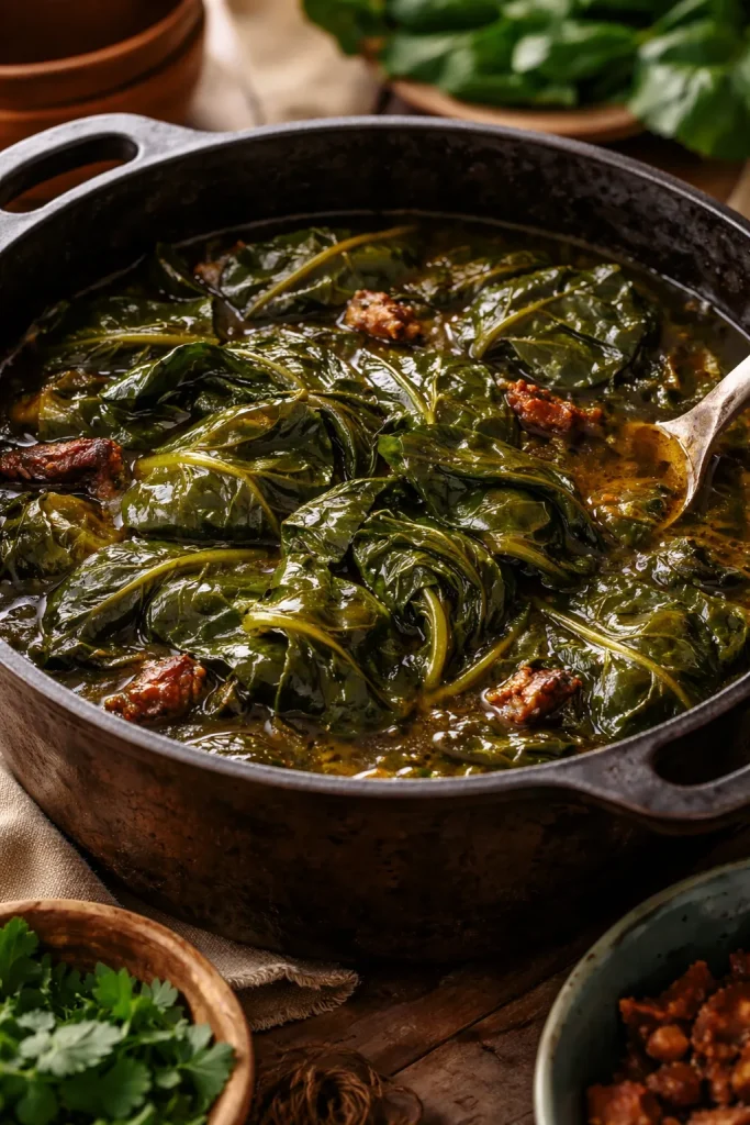 8 Southern Collard Green Recipes for Dinner 1 Close-up of glossy braised Southern collard greens in a cast-iron pot with pot liquor