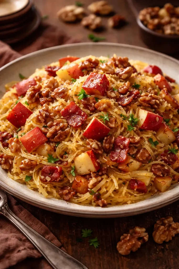 Spaghetti squash with apples, bacon, and walnuts on plate