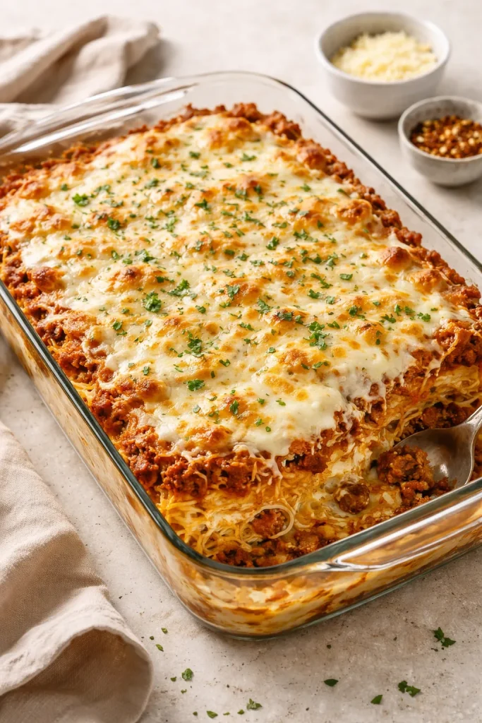 Layered spaghetti squash casserole in glass dish with visible layers.