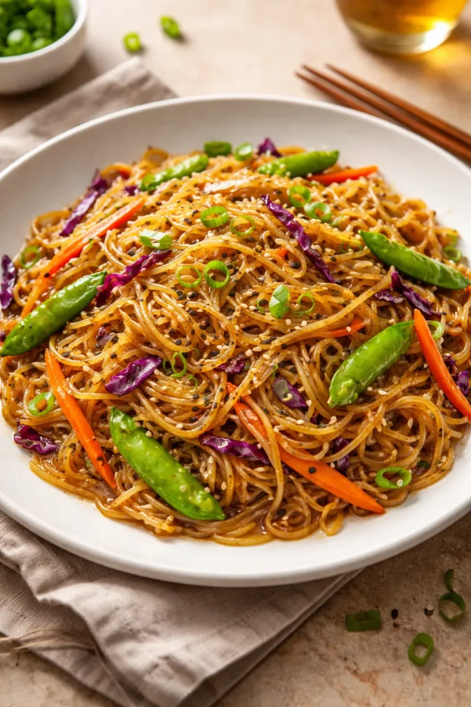 Spaghetti squash lo mein on a plate with vegetables