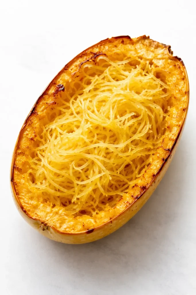 Close-up of a roasted spaghetti squash half with stringy flesh on a plain white surface