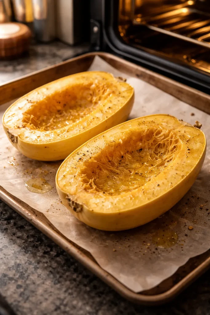 Halved spaghetti squash on parchment-lined sheet, brushed with olive oil, ready for roasting.