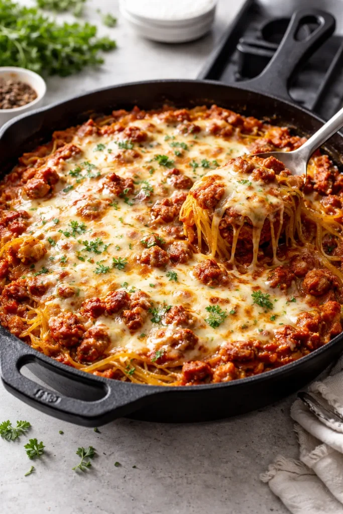 Cast-iron skillet with meat sauce, squash strands, and melted mozzarella.