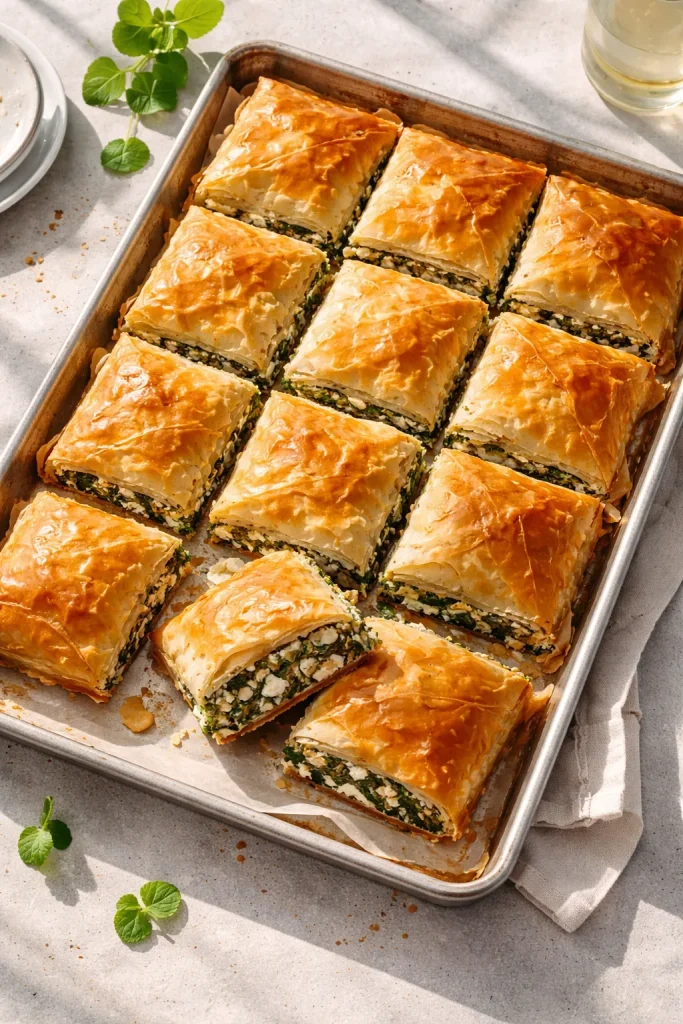 Crisp spanakopita phyllo squares on a baking tray