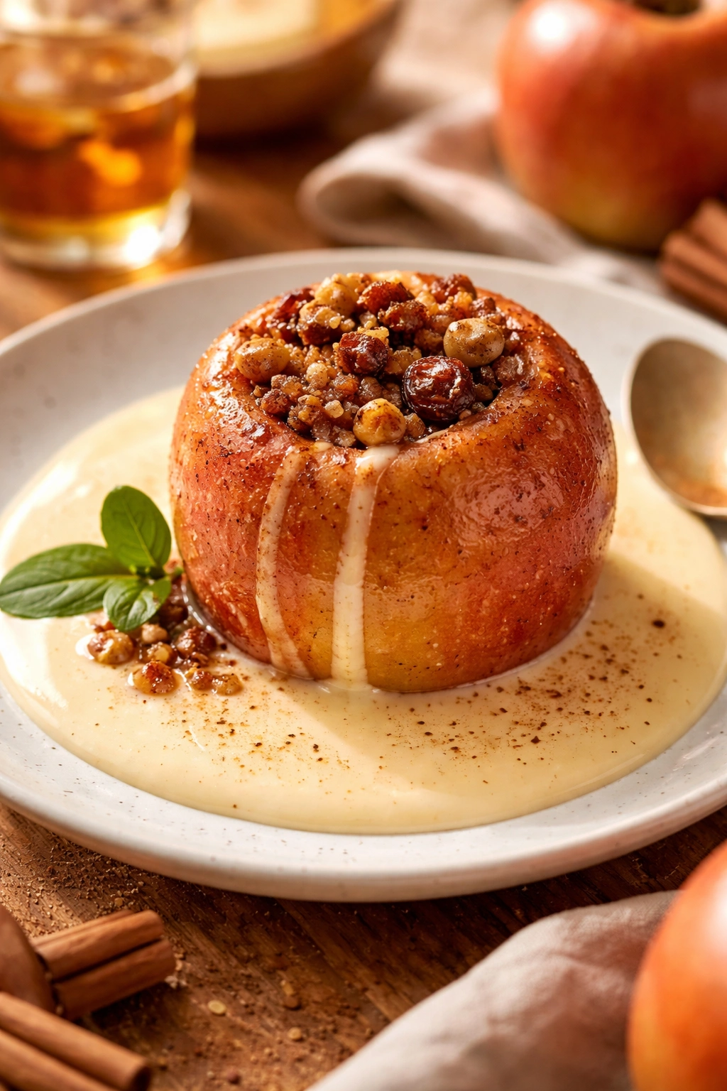 Baked apple with vanilla custard sauce on plate