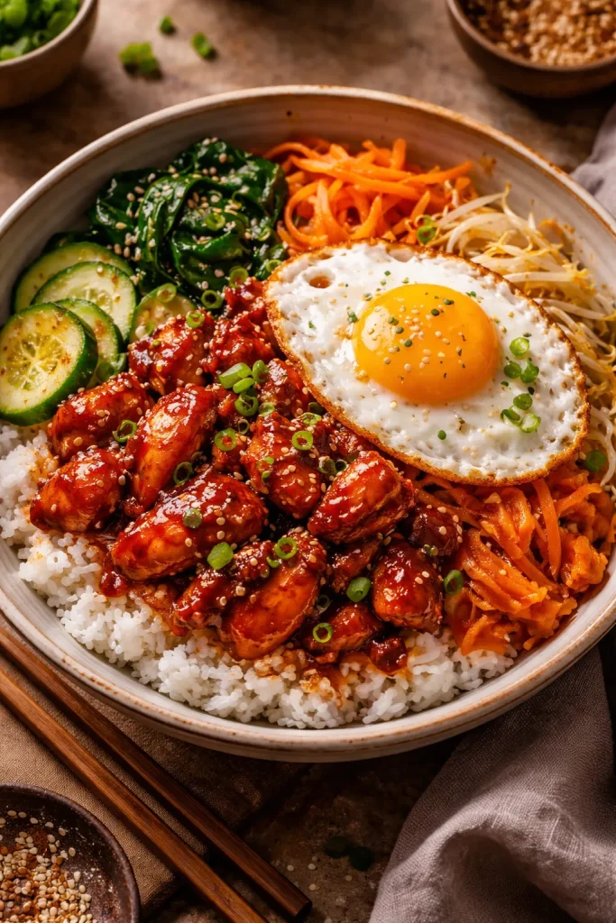Spicy gochujang chicken bulgogi bowl with rice and vegetables