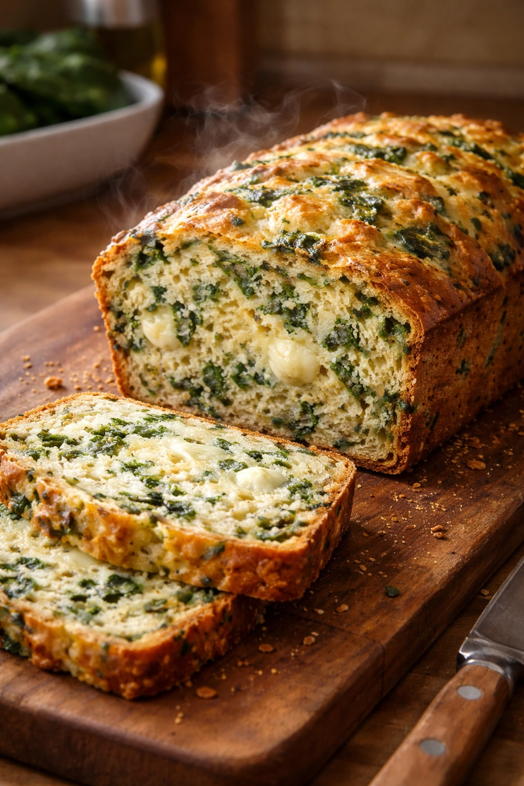 Slice of spinach and cheese bread showing spinach throughout