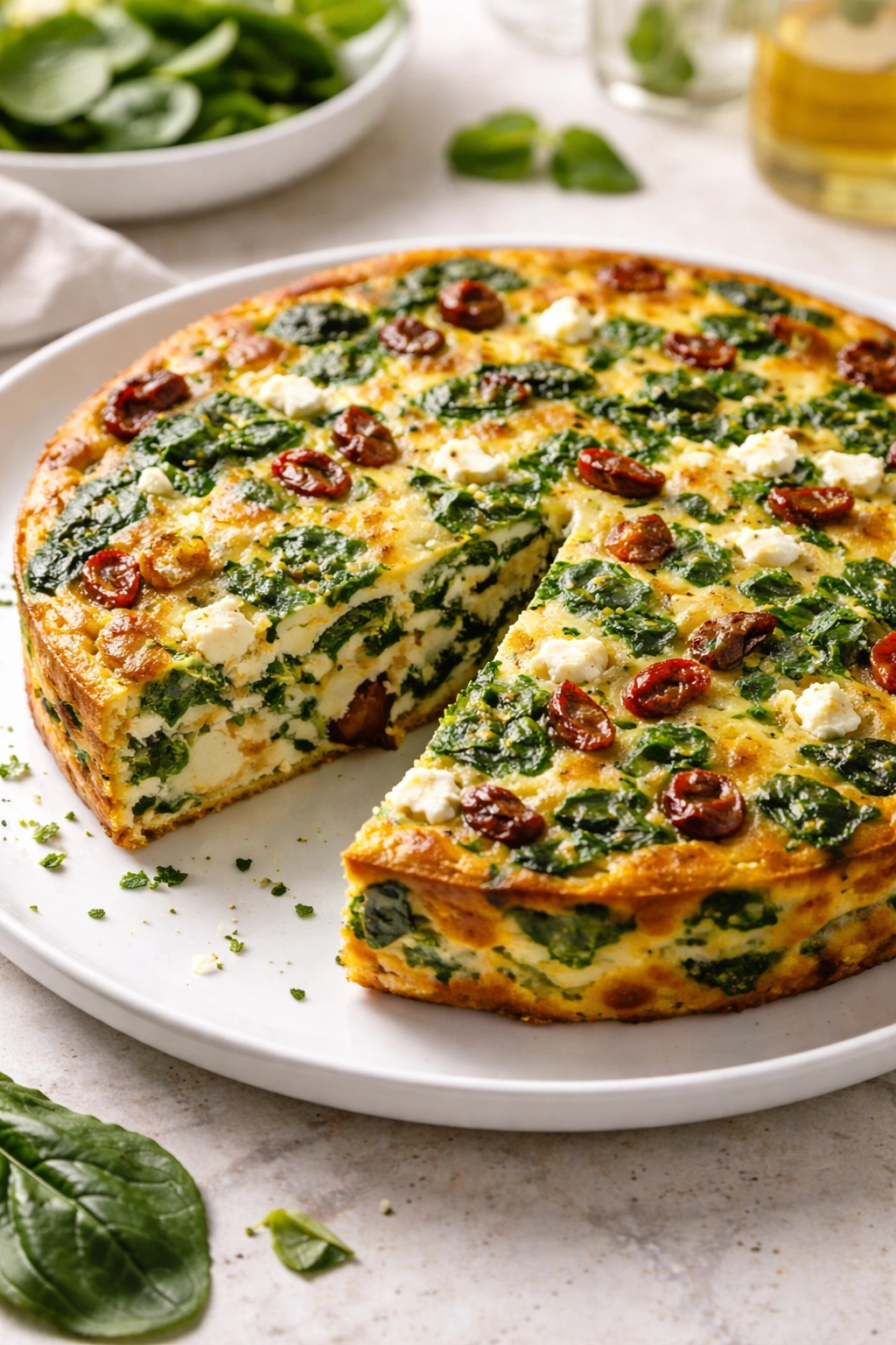 Slice of spinach feta frittata with sun-dried tomatoes on a plate