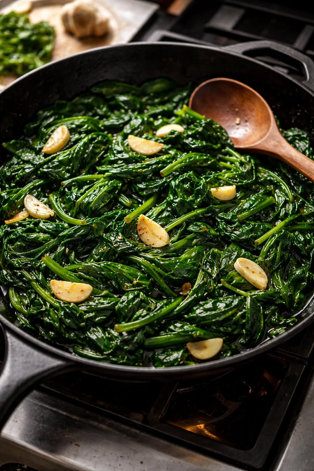 Close-up of wilted spinach with garlic in a skillet with olive oil
