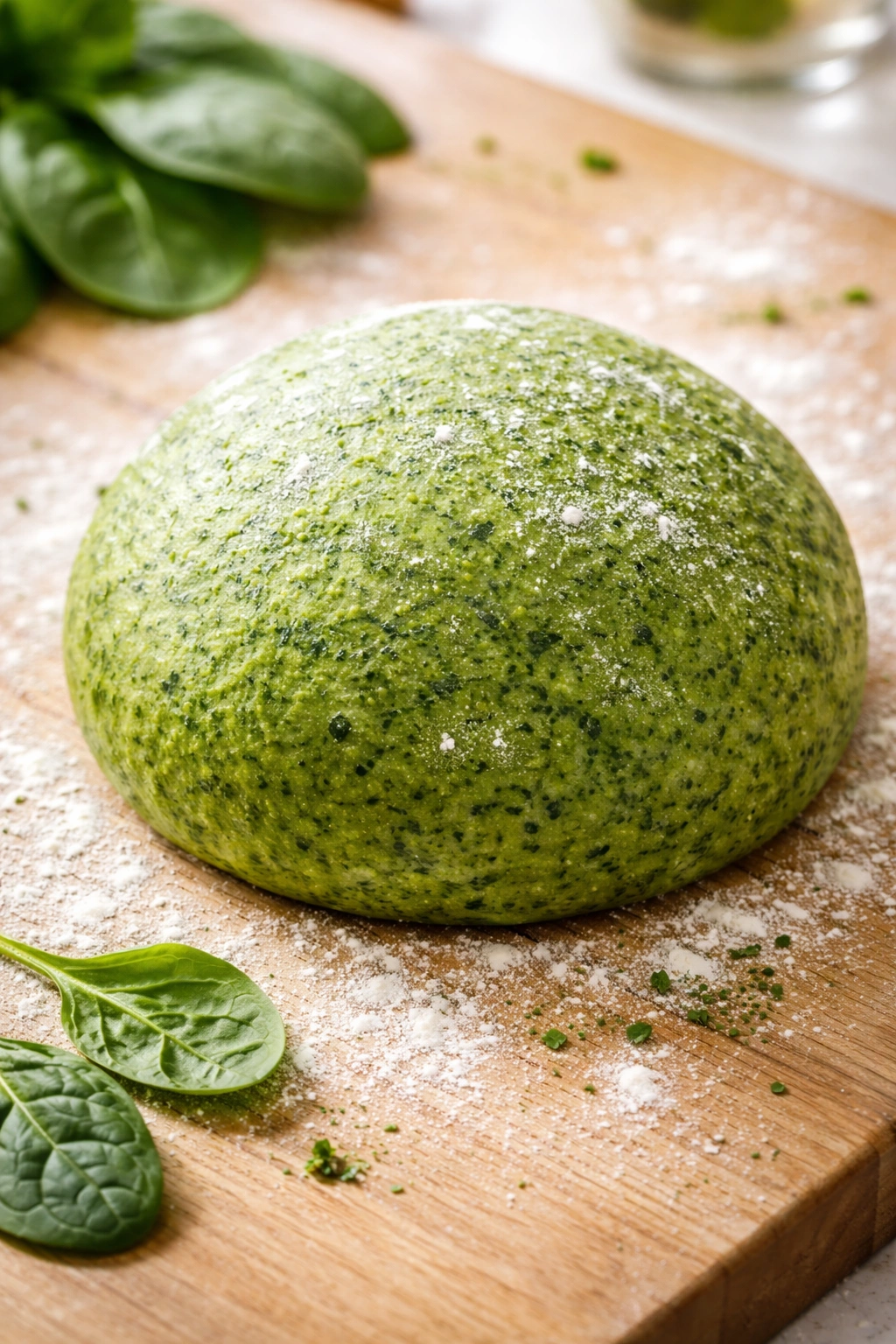 Close-up of green spinach and herb pasta dough ball on a wooden surface