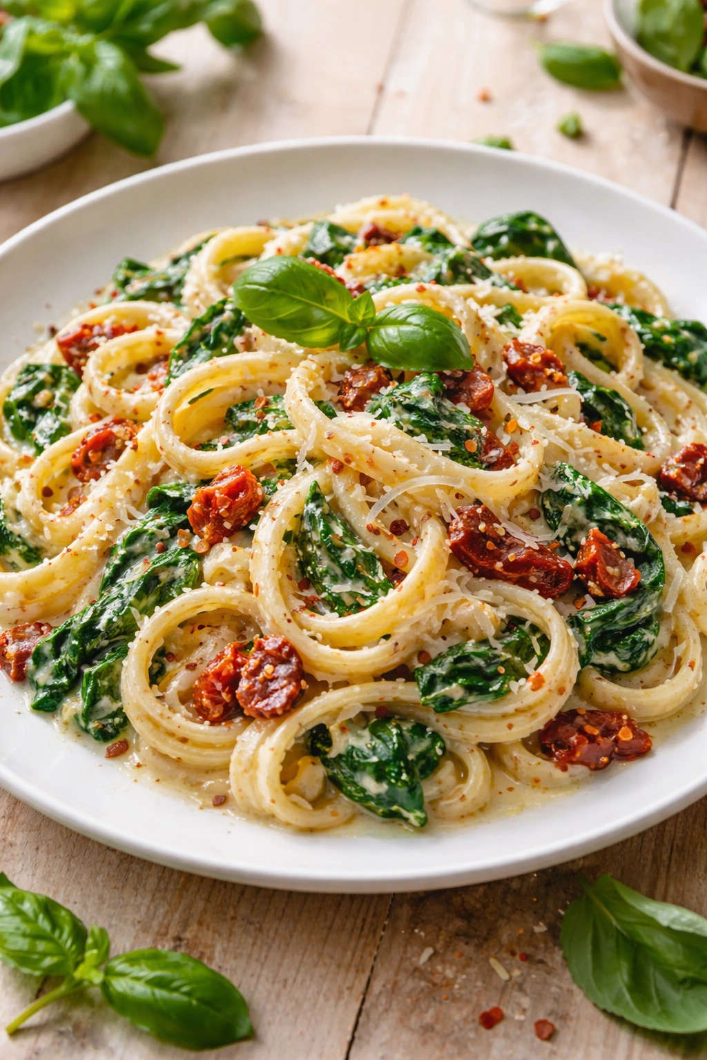 Cream cheese pasta with spinach and sun-dried tomatoes on a plate