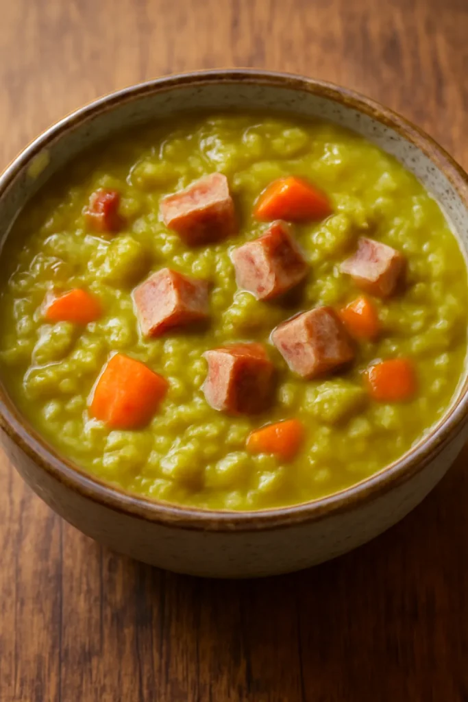 Thick split pea soup with ham in a rustic bowl.