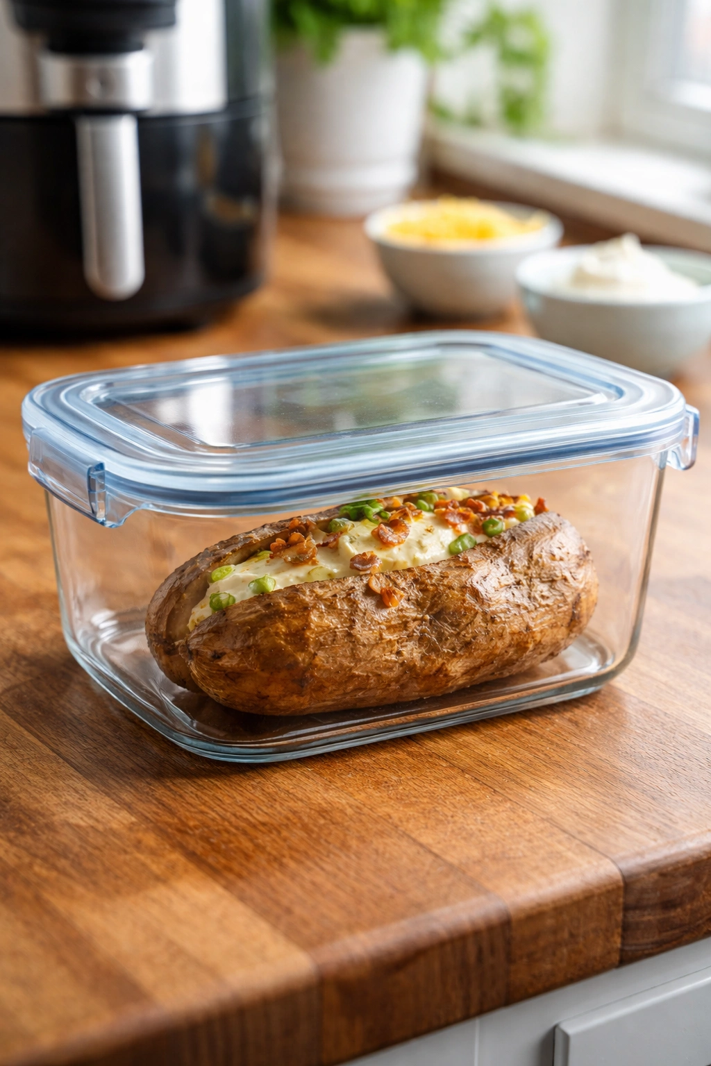 Baked potato in airtight container suggesting storage and reheating options