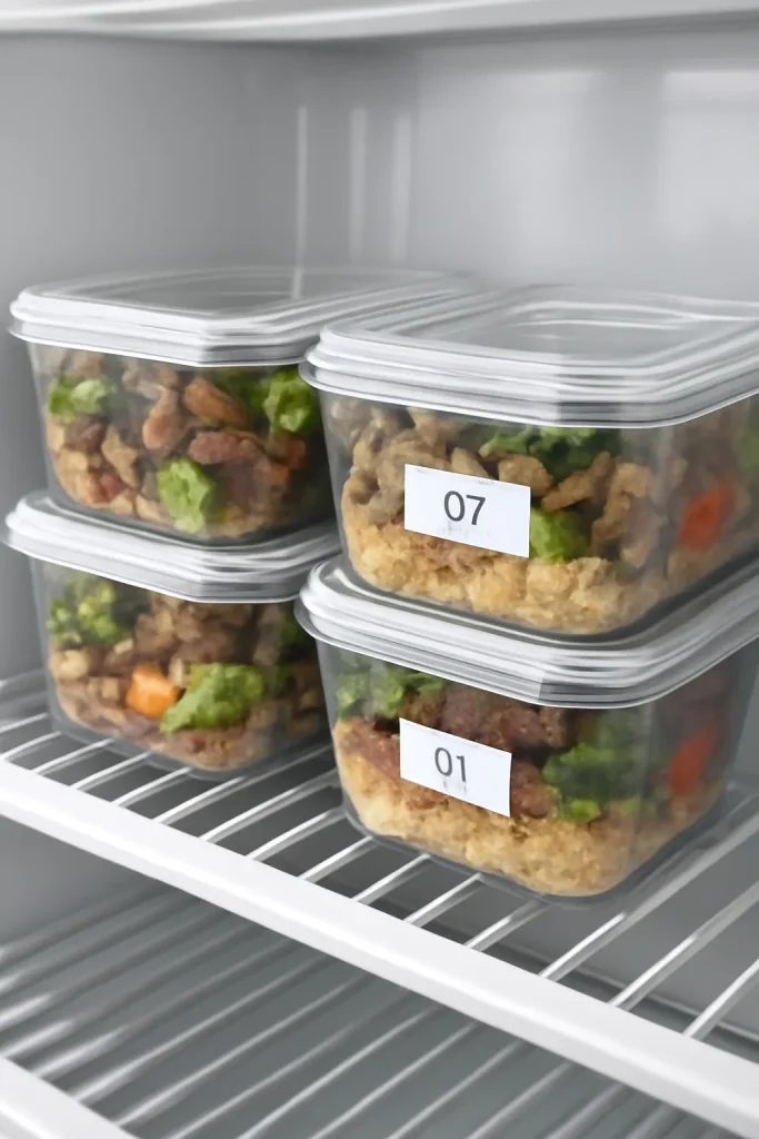Easy Beef Meal Prep Bowls for Busy Weeks 9 A fridge shelf with airtight containers cooling before sealing