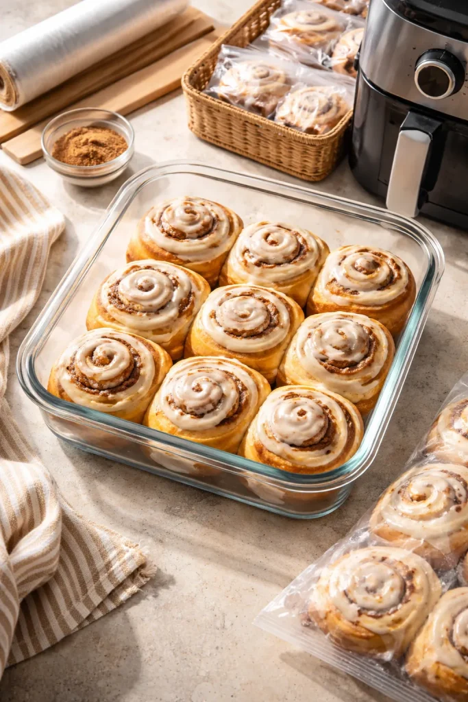 8 Cinnamon Roll Recipes Soft and Fluffy 12 Glass container full of cinnamon rolls ready for storage