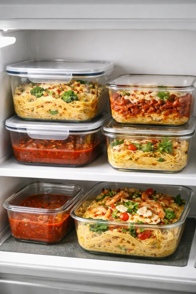 Leftovers stored in glass containers on kitchen shelf