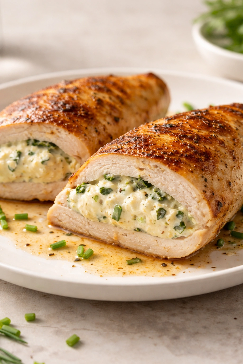 Stuffed chicken breast sliced to reveal creamy filling