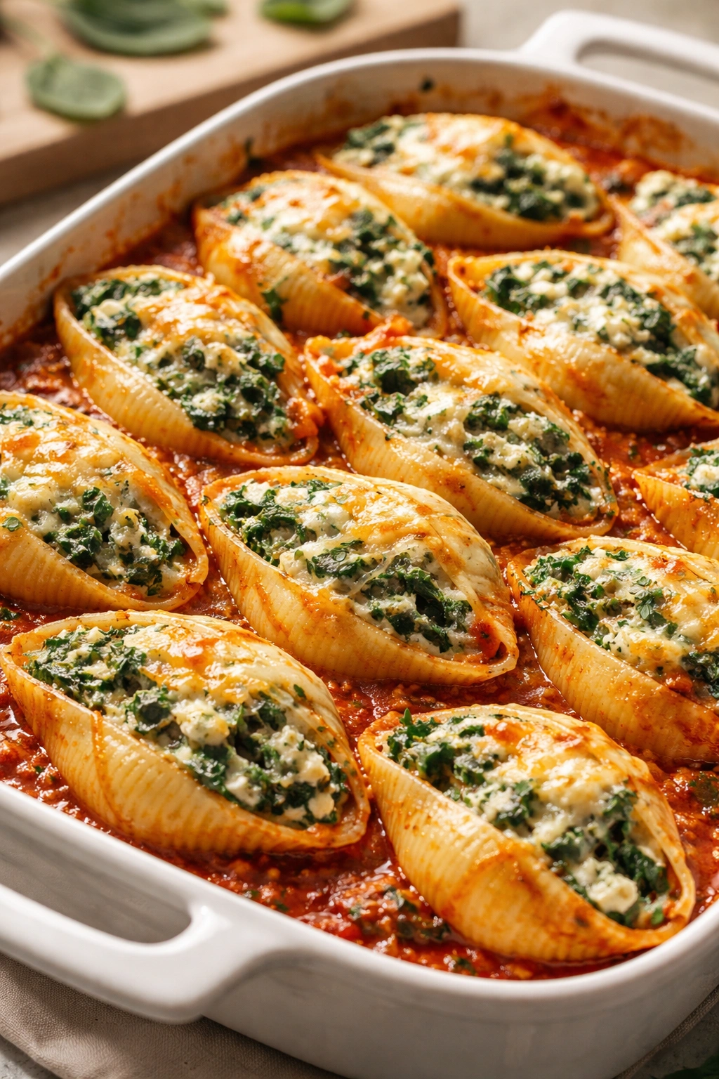 Jumbo shells stuffed with spinach and ricotta in tomato sauce