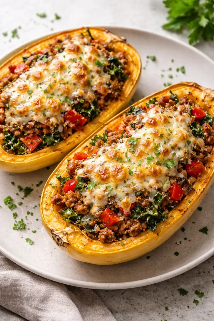 Two stuffed spaghetti squash boats on plate with meat and greens.