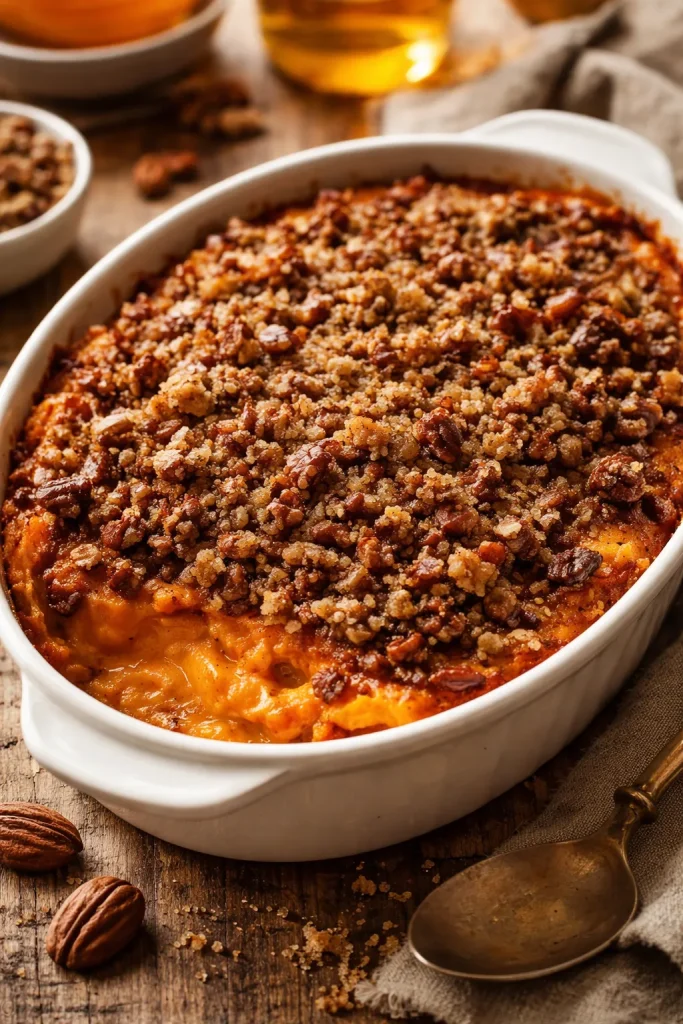 10 Thanksgiving Side Dishes Everyone Wants 1 Close-up of sweet potato casserole with pecan crumble in a ceramic baking dish