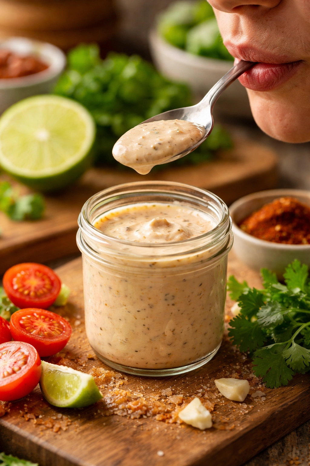 Close-up of a hand tasting creamy taco salad dressing with a lime in the background