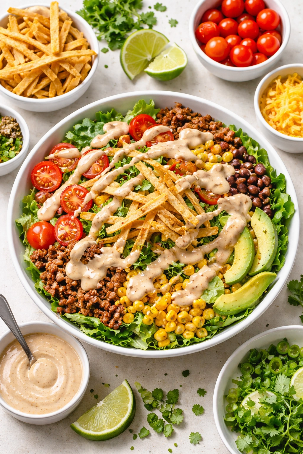Taco salad bowl with greens, dressing, and tortilla strips