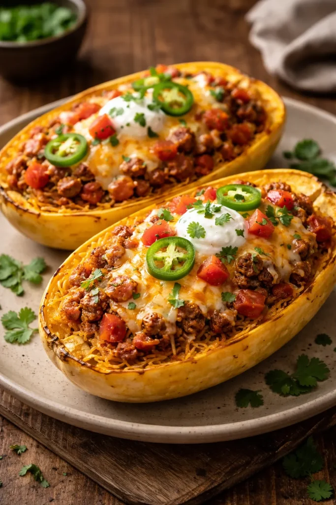 Taco spaghetti squash stuffed in shell on plate