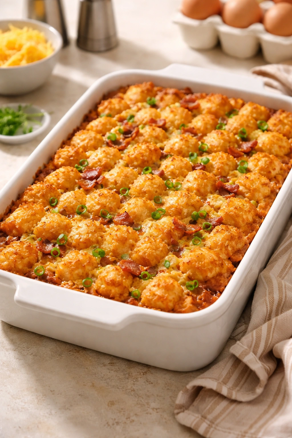 Golden tater tot breakfast bake evenly distributed in a baking dish