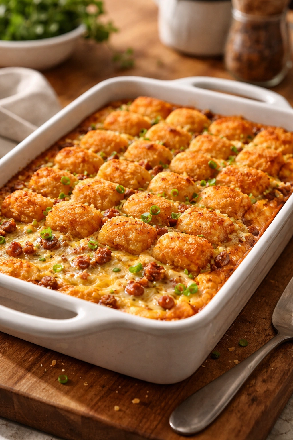 Close-up of a baked tater tot casserole showing crisp edges and a creamy egg base.